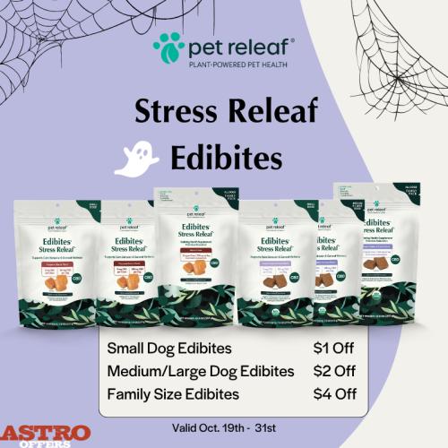 Halloween doorbells & scaries are no match for your pup with our Stress Releaf edibites. Administer to help ease your pup's situational stress for a calmer halloween. Available for all size pups