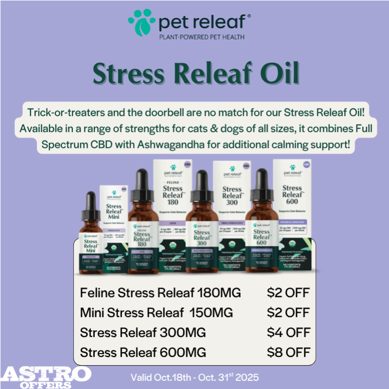 Halloween is the second most common day pets go missing! Make sure your pet is prepared for the doorbell with our Stress Releaf Oils. 