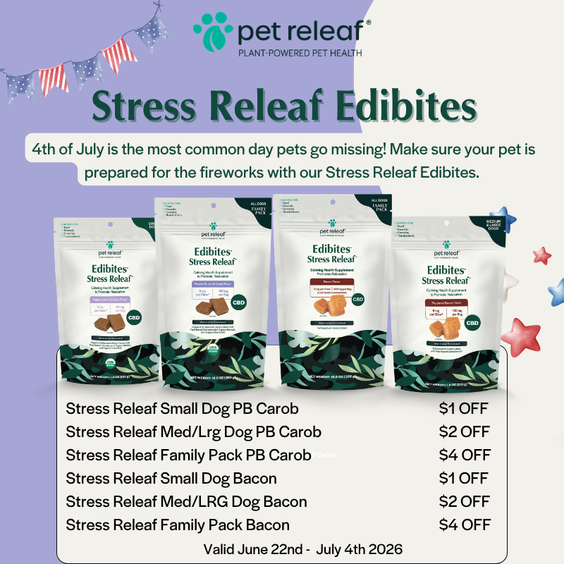 Fireworks don't have to be stressful. Stress Releaf Edibite Chews were designed for calming & managing situational stress. With 4th of July next month, now is an ideal time to explore Pet Releaf!