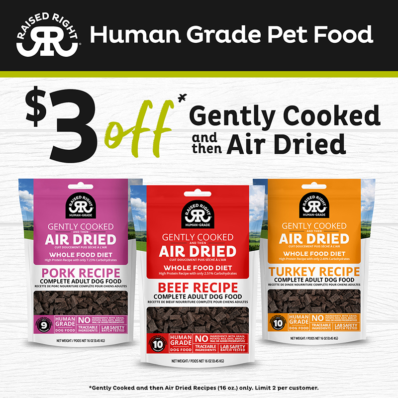 Raised Right has developed a new way of making dog food as we're the first company to create a line of human-grade dog food that's gently cooked and then air dried. 