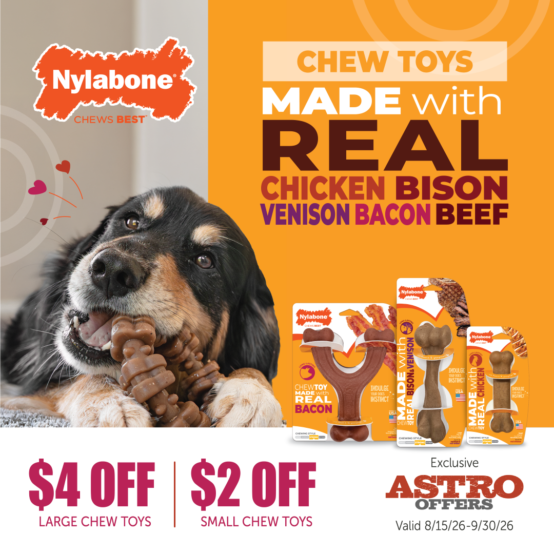 These Nylabone Chew Toys are made in the USA with REAL Chicken, Bison, Beef, Venison, and Bacon. They deliver the flavor dogs love and the chewing satisfaction pet parents' trust. Grab one today!