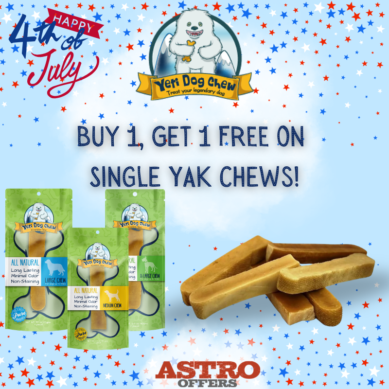 Celebrate Freedom This 4th with Yeti Yak Chews!
Fireworks for your pup's taste buds. Buy One, Get One Free!