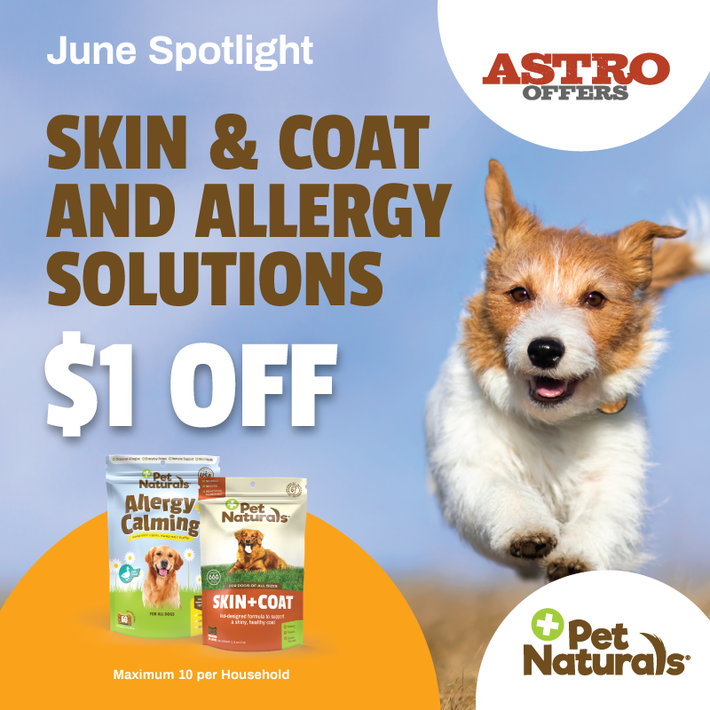 Pet Naturals Allergy + Calming supplement for dogs is an innovative, 2-in-1 approach to help support your pup's physical & emotional health!
Pet Naturals Skin+Coat - natural, skin & coat support!