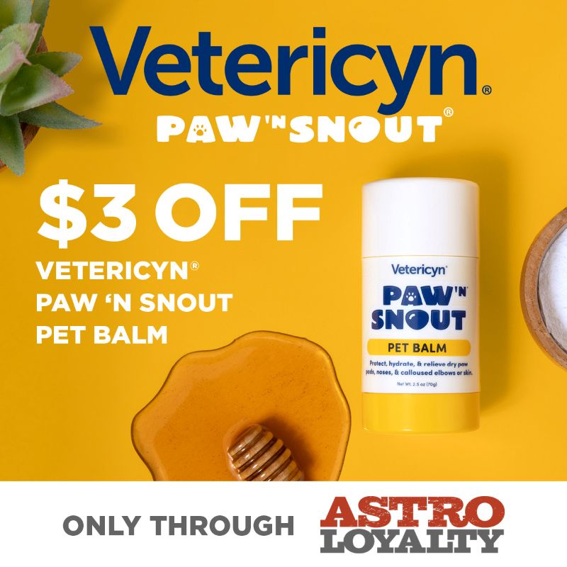 Relieve dry, chapped skin & protect paws and noses from the elements with Vetericyn Paw N' Snout. Contains three healing and soothing ingredients, Manuka Honey, Aloe Vera, and Hyaluronic Acid.