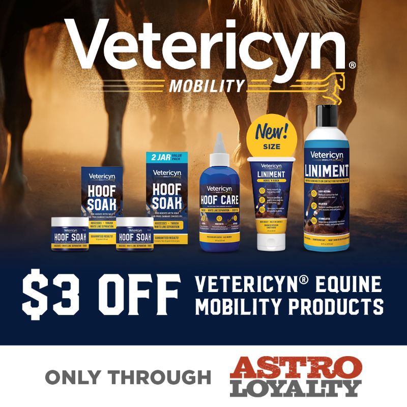 Keep your horse at it's peak performance with Vetericyn Mobility Products. Save $3 on Vetericyn Liniment, Hoof Soak and Hoof Care products.