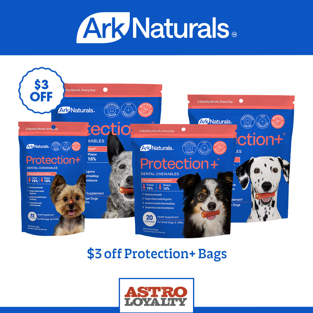 Protection+ 5-in-1 dental chews have all the same benefits as our original Protection+, plus astaxanthin to increase protective antibodies in the saliva and form a protective barrier on teeth.