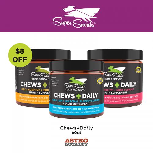 Our Chews+Daily line contains 4mg of CBD and 2mg of CBG for added support to help ease discomfort and help support overall health. 