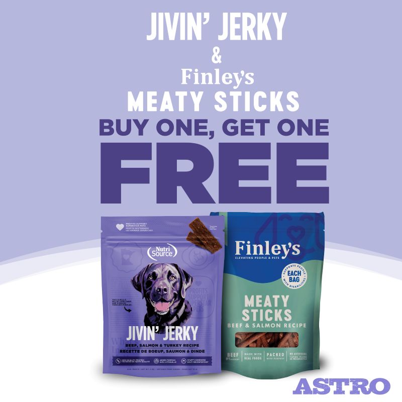 NutriSource, PureVita, Finley's | Buy 1, Get 1 FREE on Jivin' Jerky & Finley's Meaty Sticks