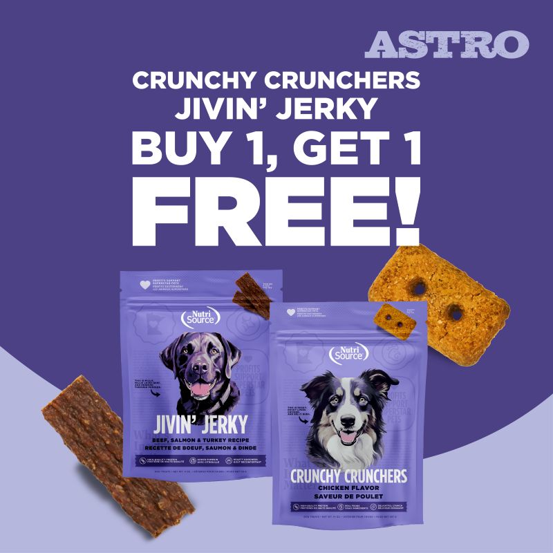 NutriSource & Choice | Buy 1, Get 1 FREE on Crunchy Crunchers & NutriSource Jivin' Jerky!