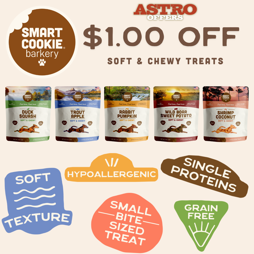 Treat your pup to Smart Cookie Barkery's grain-free, soft and chewy dog treats. Perfect for sensitive stomachs, our flavors, like Rocky Mountain trout and Texas wild boar, are ideal for picky eaters.