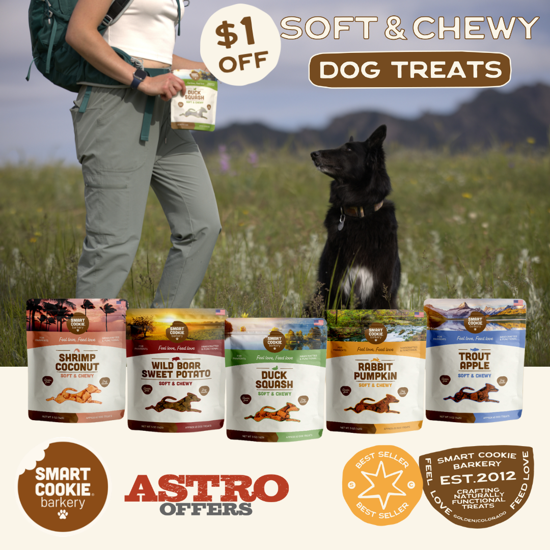 Treat your pup to Smart Cookie Barkery's grain-free, soft and chewy dog treats. Perfect for sensitive stomachs, our flavors, like Rocky Mountain trout and Texas wild boar, are ideal for picky eaters.