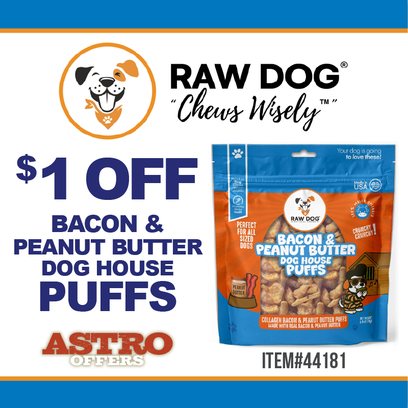 Raw Dog | $1.00 OFF 2.5oz Bacon & Peanut Butter Puffs