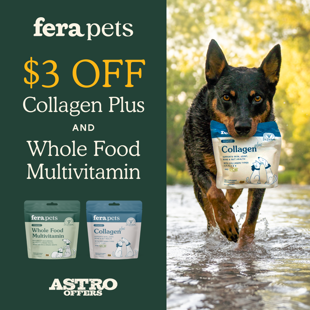 Wholefood Multivitamin - Packed with a blend of fruits,vegetables and organ meats,this supplement provides vital whole foods for whole body health.

Collagen Plus supports your pet's active lifestyle.