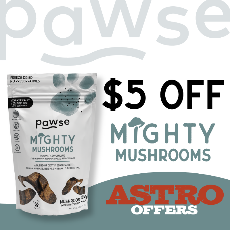 Mighty Mushrooms are immunity boosting and consist of a Five Mushroom Extract, Organically Cultivated and Naturally Grown. The 60ct bag is a 30 day supply for 75lb dogs and a 60+ day supply for cats!