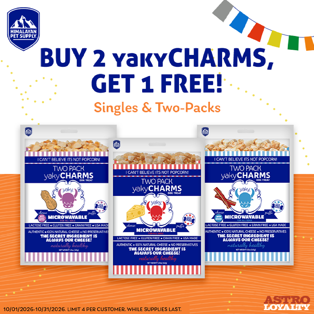yakyCHARMS are a delightful cheesy snack your dog will love. These bite-sized treats are light, fluffy, microwavable cheese puffs that come in a whimsical popcorn-style bag.