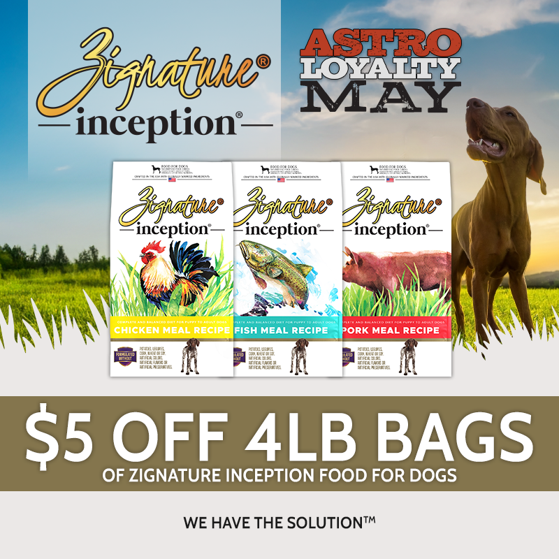 Zignature inception Pet Food starts with high quality animal & fish protein as the first ingredient & is bound with grains like oats, barley & milo. Complete & balanced with added vitamins & minerals.