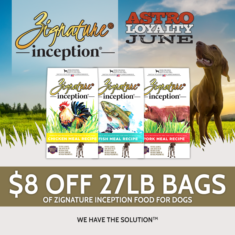 Zignature inception Pet Food starts with high quality animal & fish protein as the first ingredient & is bound with grains like oats, barley & milo. Complete & balanced with added vitamins & minerals.