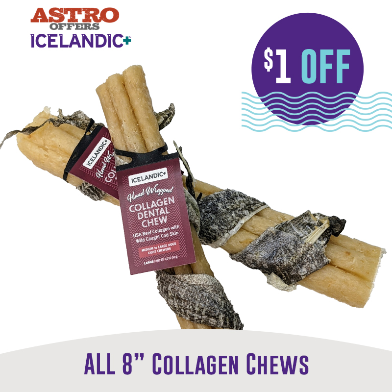 The Collagen Chews are Hand Wrapped and come from USA Beef and Wild Caught Atlantic Cod Skin.  The Wild Caught Atlantic Cod Skins are sustainably sourced.