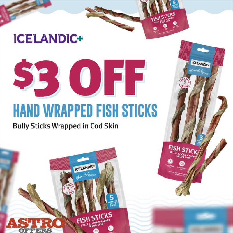 Icelandic+ Fish Sticks are a satisfying long lastin g treat.  Supports healthy teeth and gums