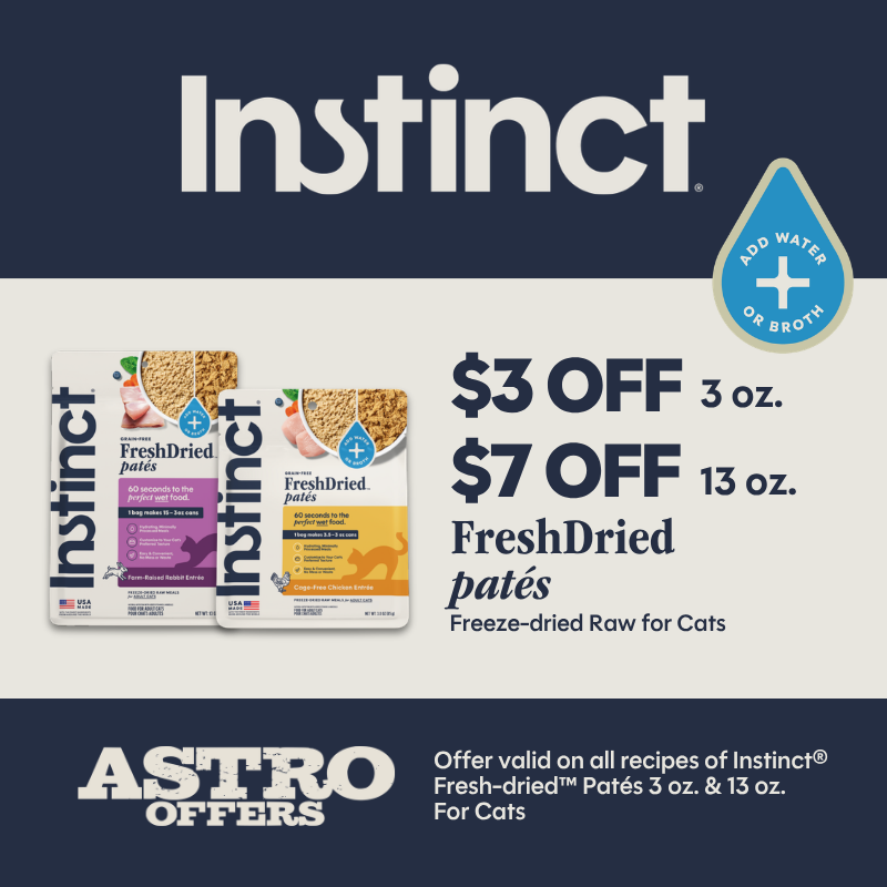 Wet food - Reimagined. Ditch the cans for a fresher, less-processed way to feed! Instinct's FreshDried Pates for Cats hydrate easily with water or broth - just blend, stir, and serve in 60 seconds.