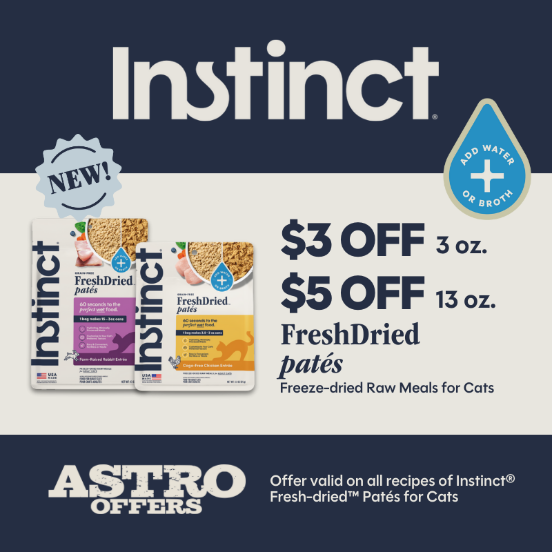 Wet food, reimagined. Ditch the cans for a fresher, less-processed way to feed! Instinct's FreshDried Pate for Cats hydrate easily with water or broth - just blend, stir, and serve in 60 seconds. 