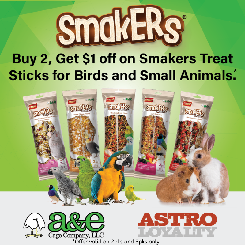 Smakers Treat Sticks for birds and small animals are a great way to supplement  and compliment your bird's diet.