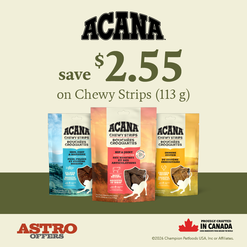 Reward your dog and help support their health with irresistible ACANA Chewy Strips! Each chewy & delicious recipe is crafted with animal protein and helps support a key health benefit.